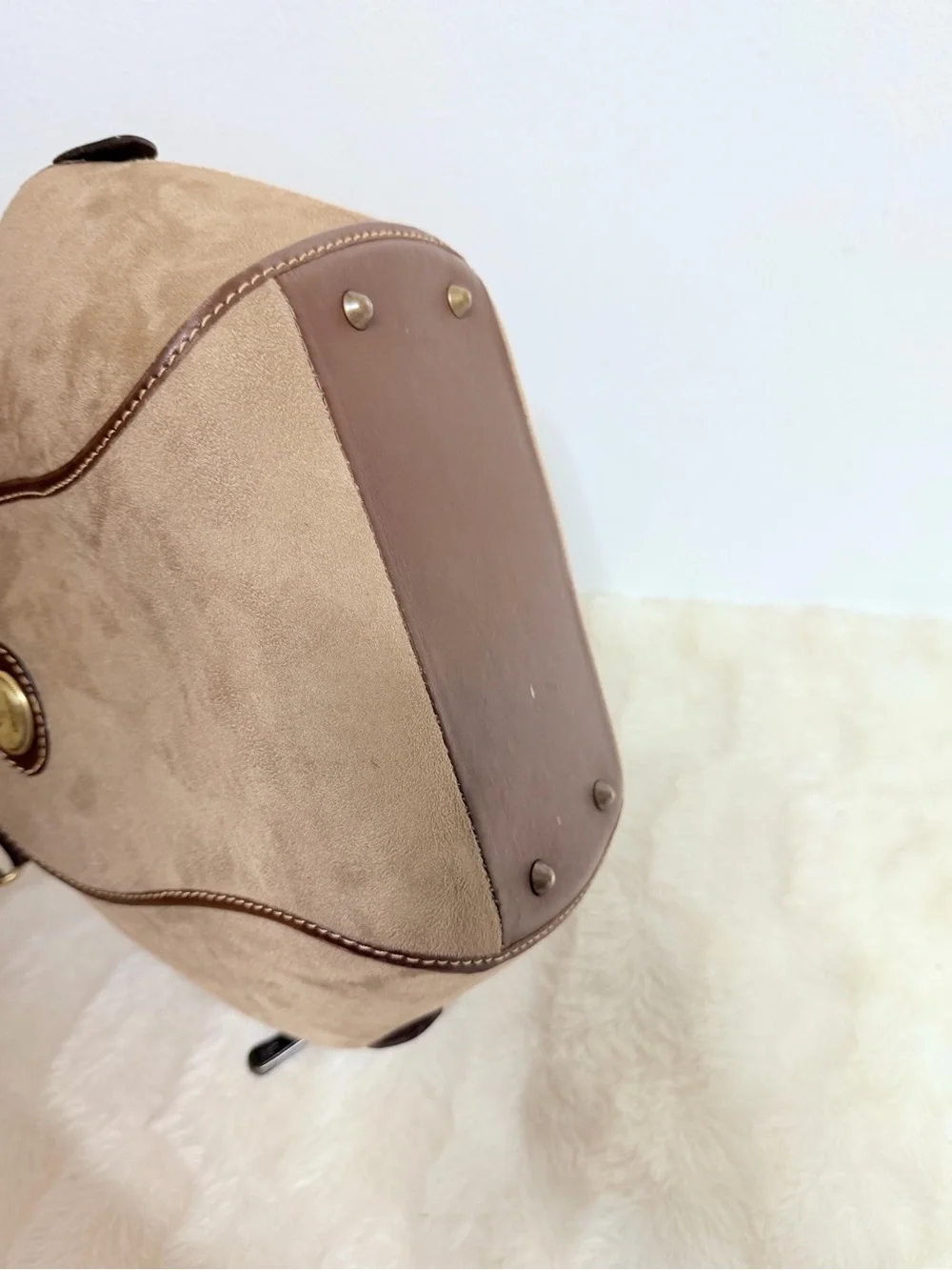 Antigua Beige Suede Dome Handbag with Brown Trim - Classic Women’s Bag